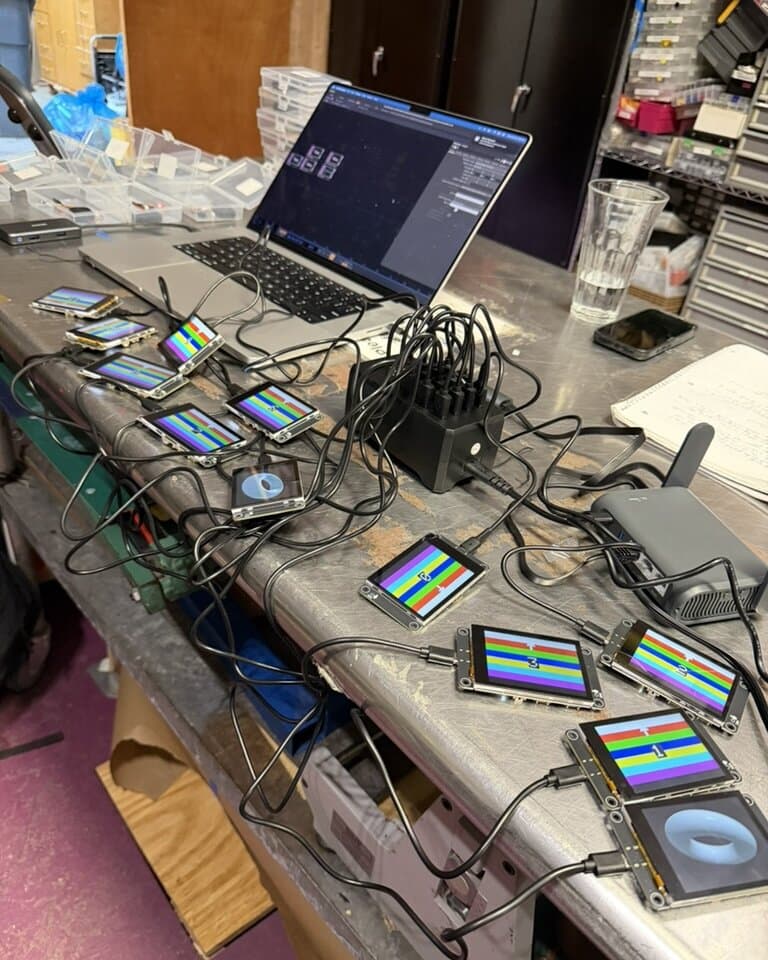 A MacBook running TouchDesigner on a steel workbench, driving a dozen wired screen modules through bring-up